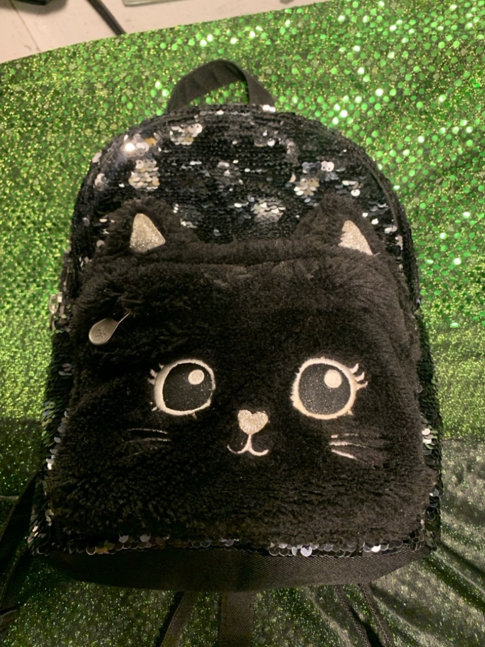 Justice Girls Black Cat Mini Backpack Flip Sequin Fuzzy Fur Kitty Bag EUC